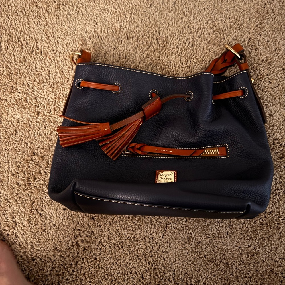 Dooney & Bourke Blue and Tan Shoulder Bag with Leather Accents